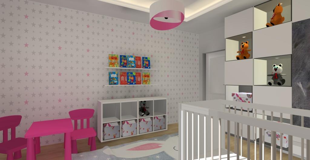 Pokój dziecięcy, tapeta w gwizadki różowo szare, stoliczek z krzesełkami ikea